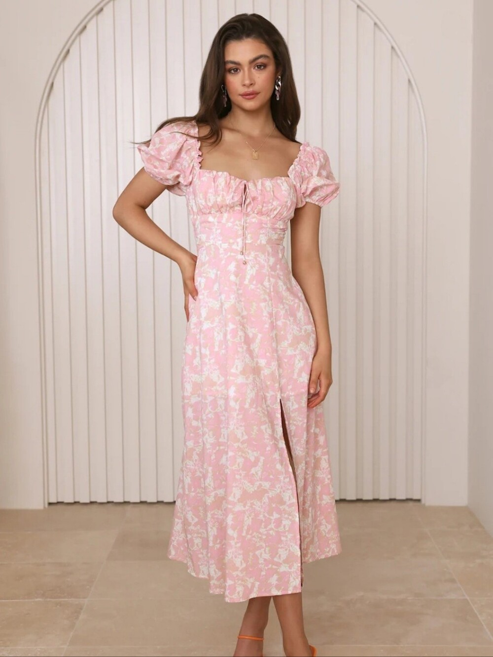 Hello Molly Midnight Dancing Midi Dress Pink Puff Sleeve Tie Bust Coquette SM 4